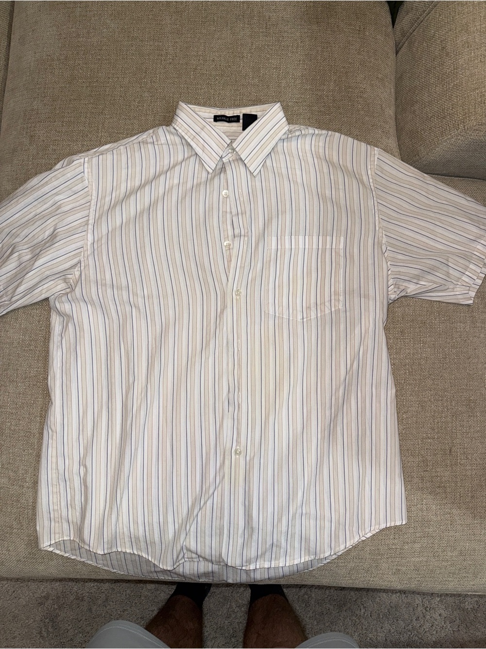 Van Heusen Short-Sleeve Button-Down Shirt in White with Blue and Tan Stripes
